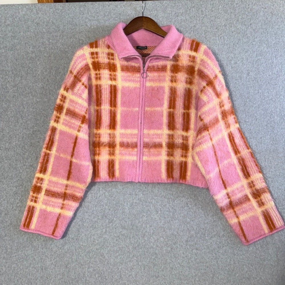 Wild Fable Plaid Full Zip Cardigan Sweater Y2K Medium Pink Excellent Cropped - Picture 2 of 10